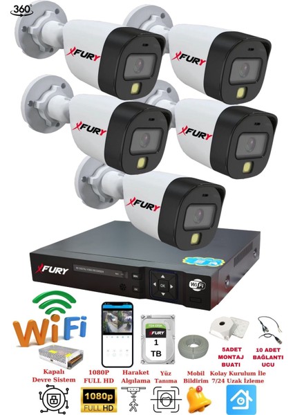 5 Kameralı 1080P 2mp Görüntü Gece Renkli Full Hd Ultra LED Gece Renkli Güvenlik Kamerası Seti 1 Tb