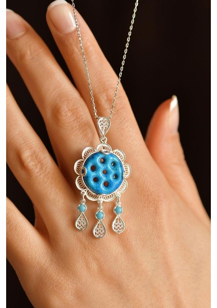 Firuze Taşlı Yedi Göz Süryani Nazarlığı Telkari Gümüş Kolye
