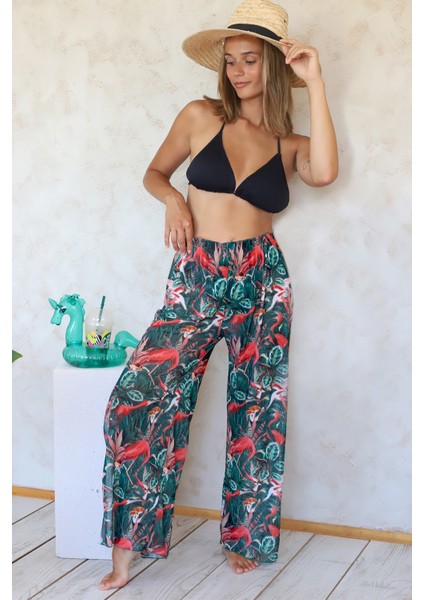 Plaj Pantalon Pareo Yazlık Kapalı Yırtmaçlı Lastikli Şifon Tül Kumaş Yüksek Bel Flower Yeşil