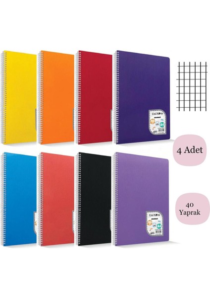 Colormaxi A4 40 Yaprak Plastik Kapak Spiralli Defter Kareli 4 Adet