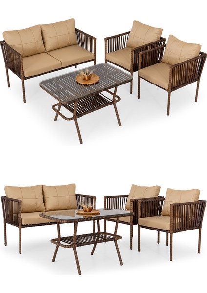 Hilda Alüminyum Bahçe Oturma Grubu Kahve 2+1+1+Sehpa