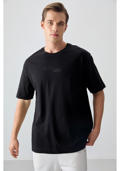 Siyah %100 Pamuk Kalın Yumuşak Dokulu Oversize Fit Baskılı Erkek T-Shirt - 88361
