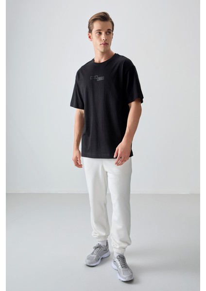 Siyah %100 Pamuk Kalın Yumuşak Dokulu Oversize Fit Baskılı Erkek T-Shirt - 88361