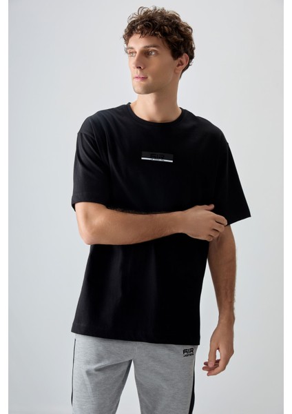Siyah %100 Pamuk Kalın Yumuşak Dokulu Oversize Fit Baskılı Erkek T-Shirt - 88359