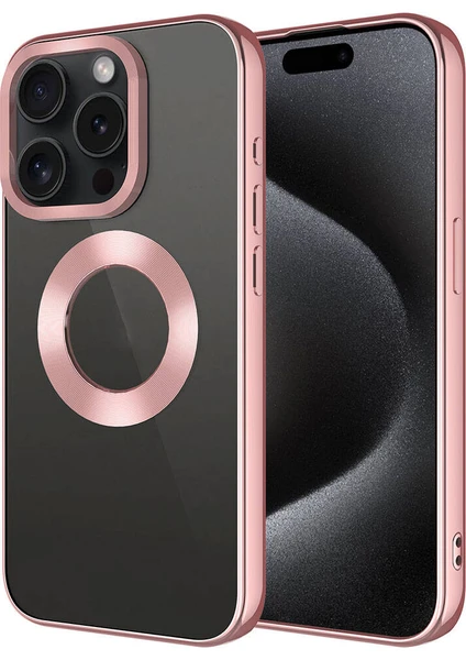 Apple iPhone 15 Pro Max Kılıf Tek Kamera Çerçeveli Renkli Kenarlı Logo Yeri Açık Şeffaf Silikon Rose Gold