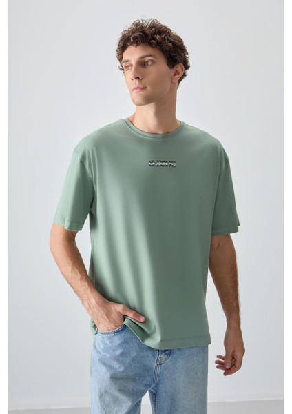 Açık Yeşil %100 Pamuk Kalın Yumuşak Dokulu Oversize Fit Baskılı Erkek T-Shirt - 88354