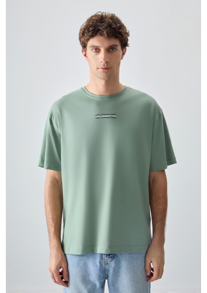 Açık Yeşil %100 Pamuk Kalın Yumuşak Dokulu Oversize Fit Baskılı Erkek T-Shirt - 88354 fırsatları
