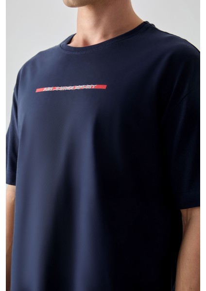 Lacivert %100 Pamuk Kalın Yumuşak Dokulu Oversize Fit Baskılı Erkek T-Shirt - 88358