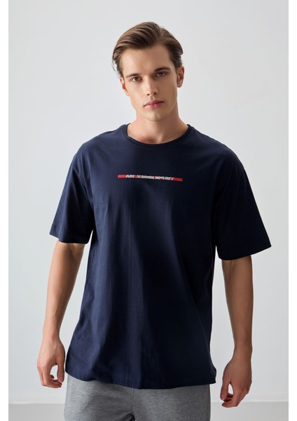 Lacivert %100 Pamuk Kalın Yumuşak Dokulu Oversize Fit Baskılı Erkek T-Shirt - 88358