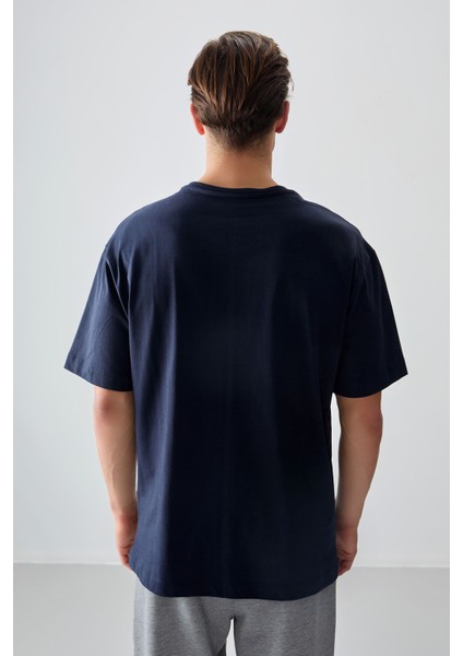 Lacivert %100 Pamuk Kalın Yumuşak Dokulu Oversize Fit Baskılı Erkek T-Shirt - 88358