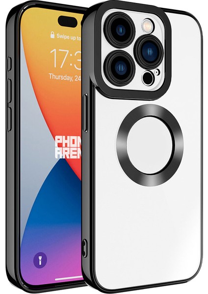 Apple iPhone 15 Pro Max Kılıf Logo Yeri Açık Kamera Lens Korumalı Renkli Kenarlı Şeffaf Silikon Siyah