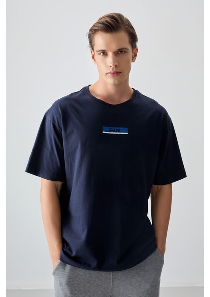 Lacivert %100 Pamuk Kalın Yumuşak Dokulu Oversize Fit Baskılı Erkek T-Shirt - 88359