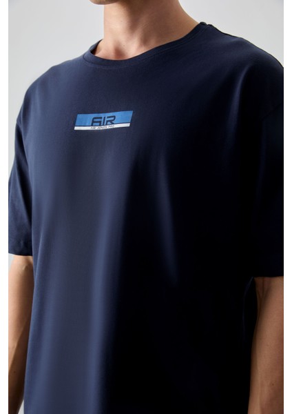 Lacivert %100 Pamuk Kalın Yumuşak Dokulu Oversize Fit Baskılı Erkek T-Shirt - 88359