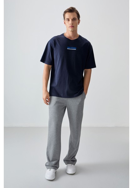 Lacivert %100 Pamuk Kalın Yumuşak Dokulu Oversize Fit Baskılı Erkek T-Shirt - 88359