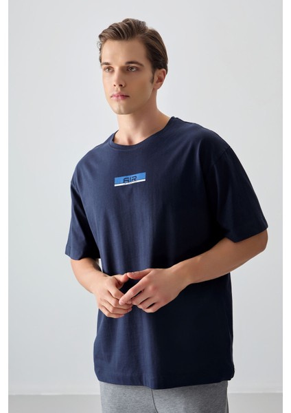Lacivert %100 Pamuk Kalın Yumuşak Dokulu Oversize Fit Baskılı Erkek T-Shirt - 88359