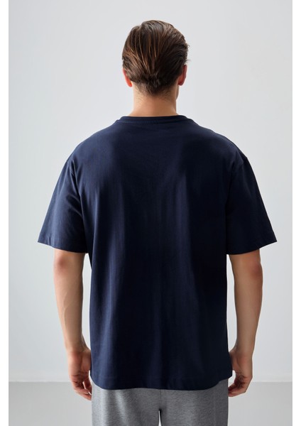 Lacivert %100 Pamuk Kalın Yumuşak Dokulu Oversize Fit Baskılı Erkek T-Shirt - 88359