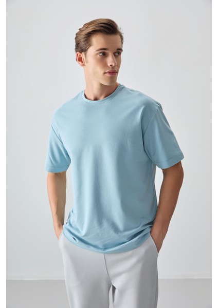 Açık Mavi Pamuklu Kalın Yumuşak Dokulu Oversize Fit Basic Erkek T-Shirt - 88377