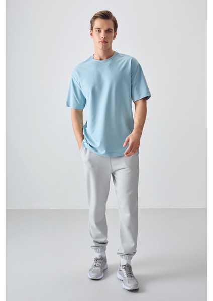 Açık Mavi Pamuklu Kalın Yumuşak Dokulu Oversize Fit Basic Erkek T-Shirt - 88377