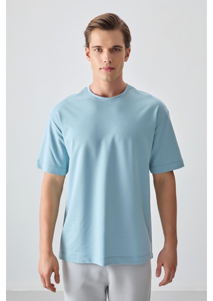 Açık Mavi Pamuklu Kalın Yumuşak Dokulu Oversize Fit Basic Erkek T-Shirt - 88377