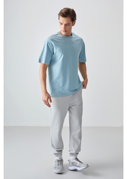 Açık Mavi Pamuklu Kalın Yumuşak Dokulu Oversize Fit Basic Erkek T-Shirt - 88377
