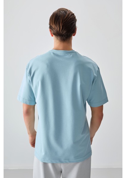 Açık Mavi Pamuklu Kalın Yumuşak Dokulu Oversize Fit Basic Erkek T-Shirt - 88377