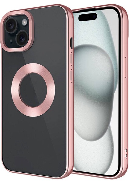 Apple iPhone 15 Plus Kılıf Tek Kamera Çerçeveli Renkli Kenarlı Logo Yeri Açık Şeffaf Silikon Rose Gold