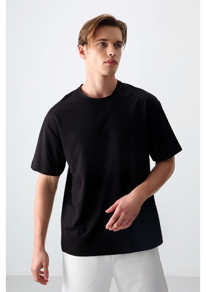 Siyah Pamuklu Kalın Yumuşak Dokulu Oversize Fit Basic Erkek T-Shirt - 88377