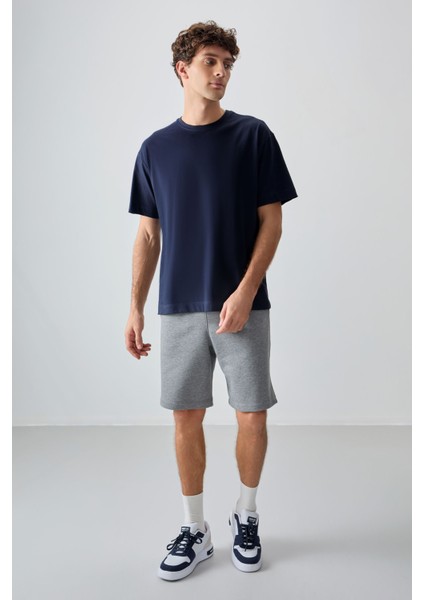 Lacivert %100 Pamuk Kalın Yumuşak Dokulu Oversize Fit Basic Erkek T-Shirt - 88353