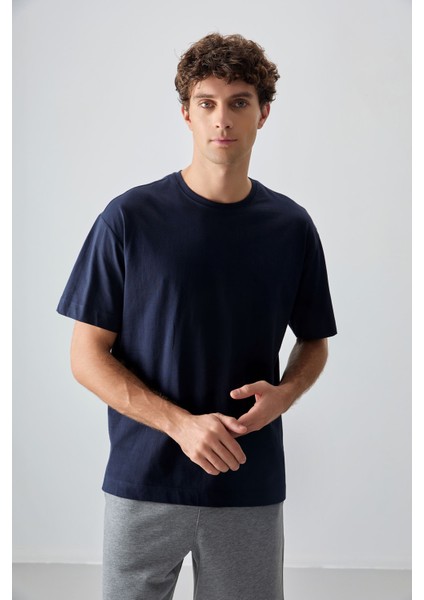 Lacivert %100 Pamuk Kalın Yumuşak Dokulu Oversize Fit Basic Erkek T-Shirt - 88353 fiyatları