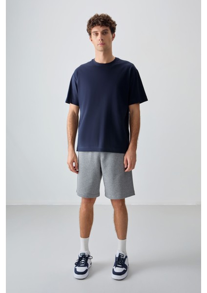 Lacivert %100 Pamuk Kalın Yumuşak Dokulu Oversize Fit Basic Erkek T-Shirt - 88353 modelleri