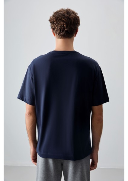 Lacivert %100 Pamuk Kalın Yumuşak Dokulu Oversize Fit Basic Erkek T-Shirt - 88353 indirimleri