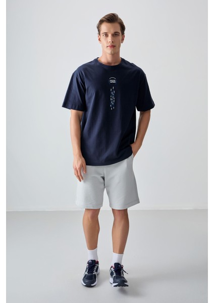 Lacivert %100 Pamuk Kalın Yumuşak Dokulu Oversize Fit Baskılı Erkek T-Shirt - 88355