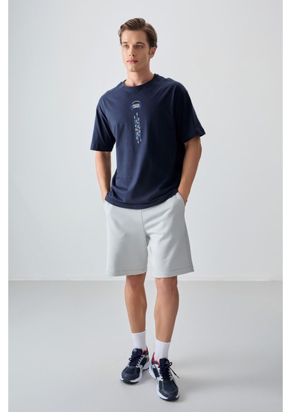 Lacivert %100 Pamuk Kalın Yumuşak Dokulu Oversize Fit Baskılı Erkek T-Shirt - 88355