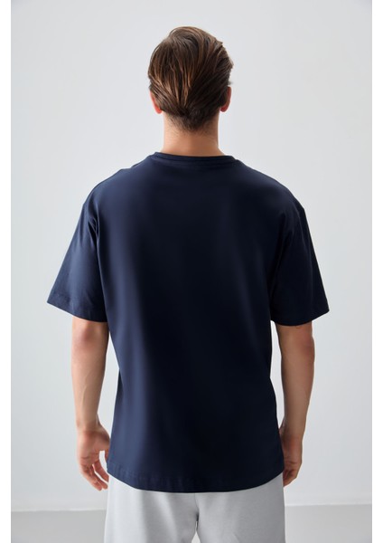Lacivert %100 Pamuk Kalın Yumuşak Dokulu Oversize Fit Baskılı Erkek T-Shirt - 88355