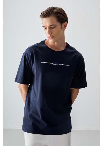 Lacivert %100 Pamuk Kalın Yumuşak Dokulu Oversize Fit Baskılı Erkek T-Shirt - 88357