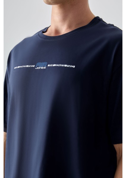 Lacivert %100 Pamuk Kalın Yumuşak Dokulu Oversize Fit Baskılı Erkek T-Shirt - 88357