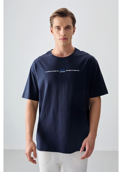 Lacivert %100 Pamuk Kalın Yumuşak Dokulu Oversize Fit Baskılı Erkek T-Shirt - 88357