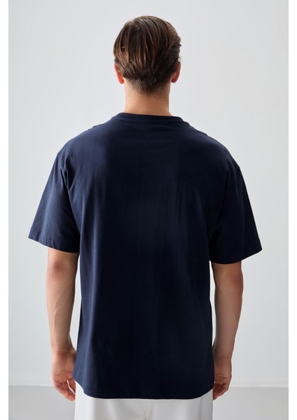 Lacivert %100 Pamuk Kalın Yumuşak Dokulu Oversize Fit Baskılı Erkek T-Shirt - 88357