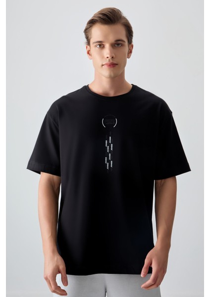 Siyah %100 Pamuk Kalın Yumuşak Dokulu Oversize Fit Baskılı Erkek T-Shirt - 88355