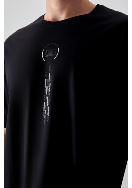 Siyah %100 Pamuk Kalın Yumuşak Dokulu Oversize Fit Baskılı Erkek T-Shirt - 88355