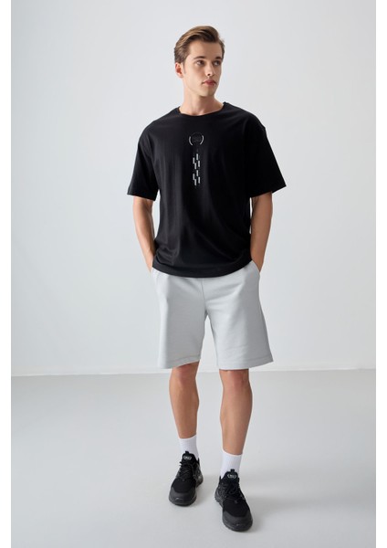 Siyah %100 Pamuk Kalın Yumuşak Dokulu Oversize Fit Baskılı Erkek T-Shirt - 88355