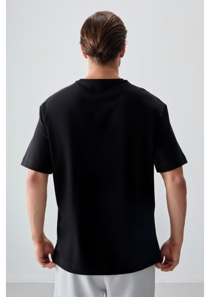Siyah %100 Pamuk Kalın Yumuşak Dokulu Oversize Fit Baskılı Erkek T-Shirt - 88355