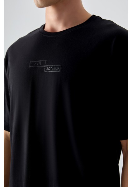 Siyah %100 Pamuk Kalın Yumuşak Dokulu Oversize Fit Baskılı Erkek T-Shirt - 88361