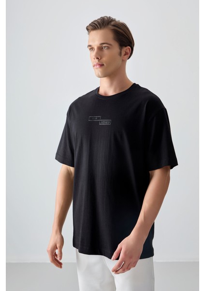 Siyah %100 Pamuk Kalın Yumuşak Dokulu Oversize Fit Baskılı Erkek T-Shirt - 88361