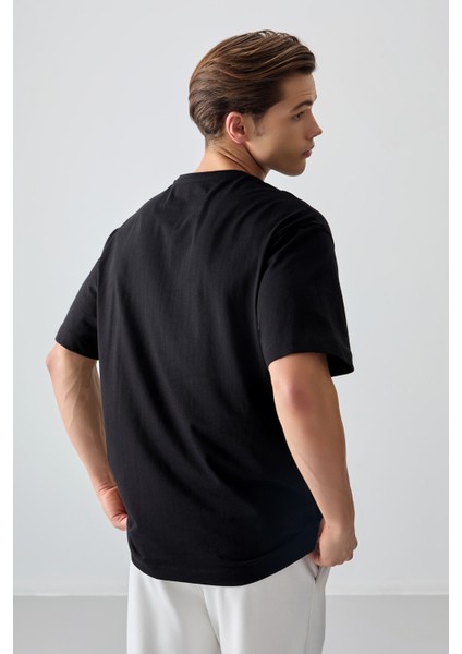 Siyah %100 Pamuk Kalın Yumuşak Dokulu Oversize Fit Baskılı Erkek T-Shirt - 88361