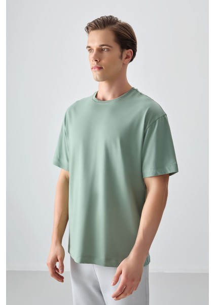 Açık Yeşil %100 Pamuk Kalın Yumuşak Dokulu Oversize Fit Basic Erkek T-Shirt - 88353