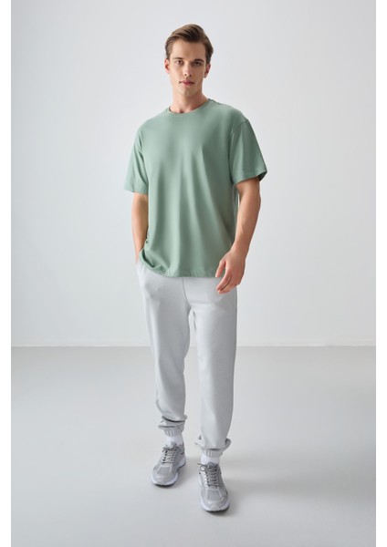 Açık Yeşil %100 Pamuk Kalın Yumuşak Dokulu Oversize Fit Basic Erkek T-Shirt - 88353
