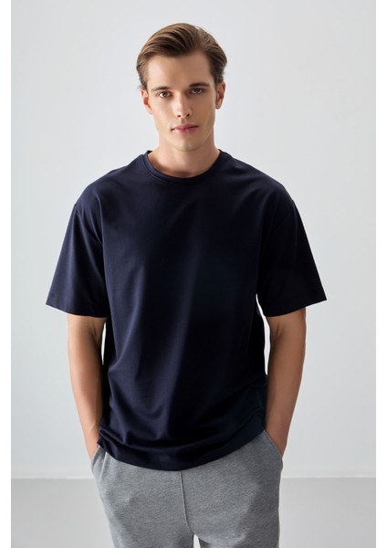 Lacivert Pamuklu Kalın Yumuşak Dokulu Oversize Fit Basic Erkek T-Shirt - 88377