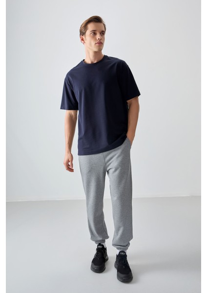 Lacivert Pamuklu Kalın Yumuşak Dokulu Oversize Fit Basic Erkek T-Shirt - 88377