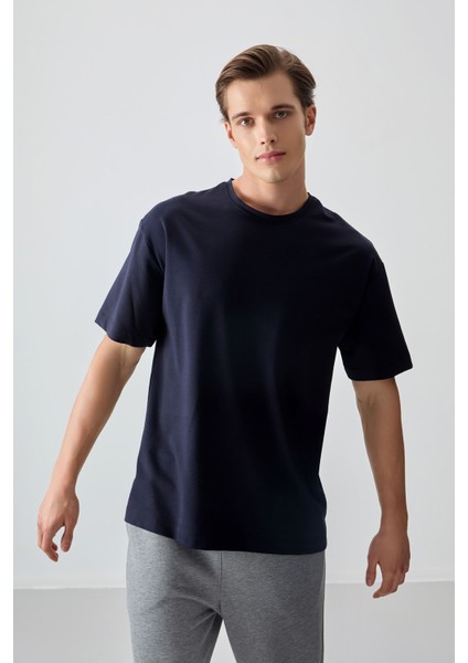 Lacivert Pamuklu Kalın Yumuşak Dokulu Oversize Fit Basic Erkek T-Shirt - 88377